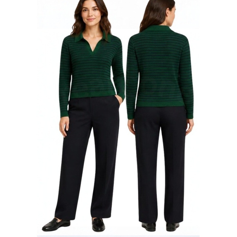 Loft Green/Navy Striped Ribbed V-Neck Long Sleeve Top Polo Sweater Women's Large